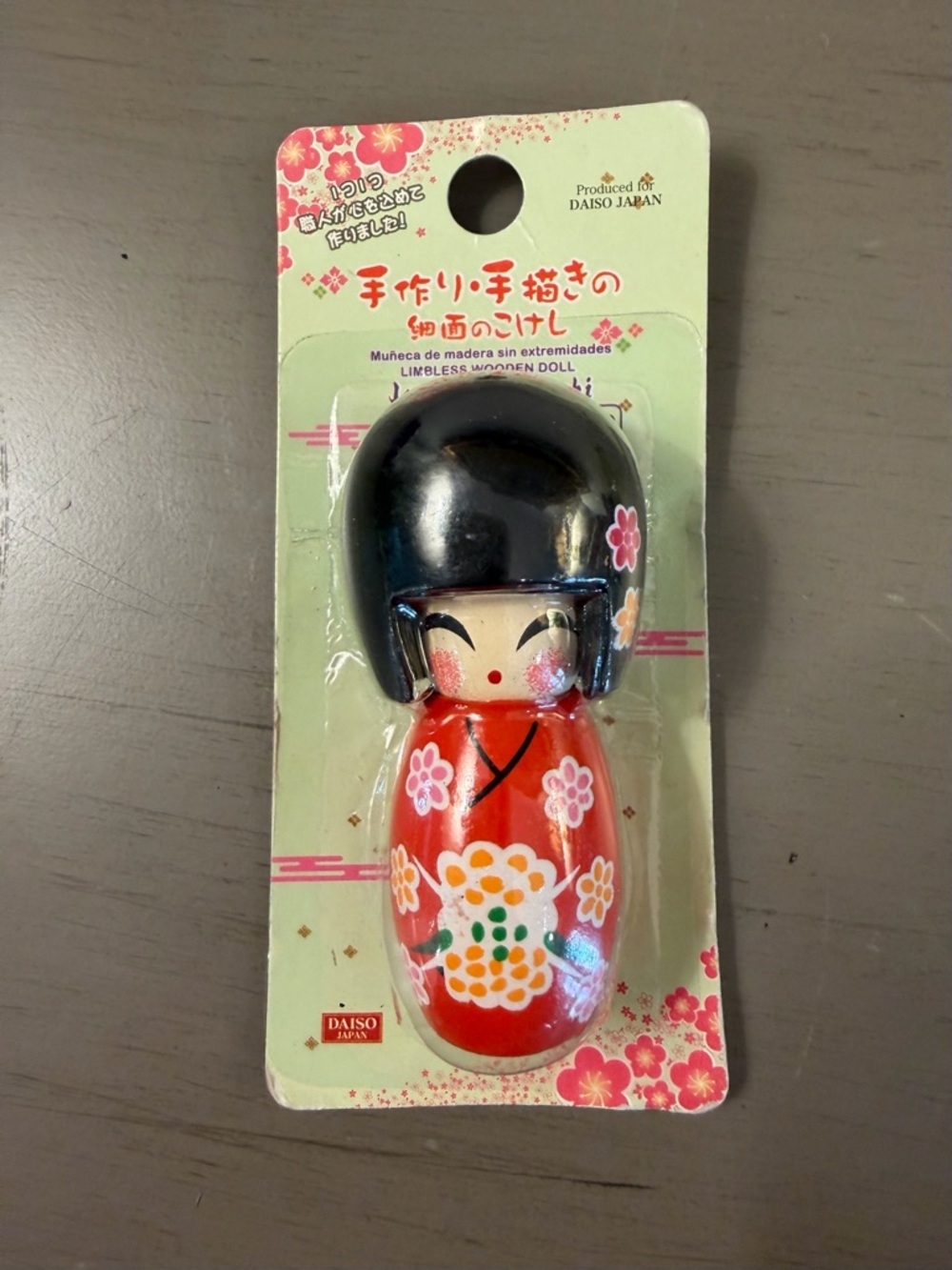 Daiso Japanese Kokeshi Wooden Painted Charm Doll 3" Kimono Red Floral